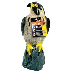 Item 700044, Lifelike falcon decoy used to scare pesky birds from an open area.