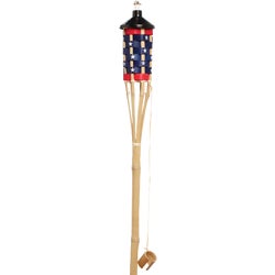 Item 700485, Bamboo patio torch featuring a rattan weaved natural canister basket.