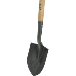 Item 700520, Long handle, round point shovel with forward-turned step features forged 