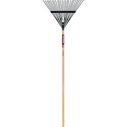 Item 701434, Tru Tough 24-tine flexible steel tine rake is used for clearing leaves and 