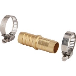 Item 702693, Brass water hose repair mender with 2 stainless steel clamps.