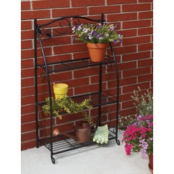 Item 703379, Black steel plant stand featuring a decorative scroll and leaf design.
