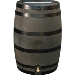 Item 704659, Woodgrain-look polyehtylene rain barrel with brass spigot.