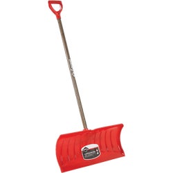 Item 705063, Nordic snow pusher has a 26 In. W. x 11 In. H. poly red blade. 46.25 in.