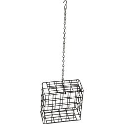 Item 707514, Plastic coated black wire basket with chain hanger.