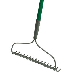 Item 725923, 16 tine bow rake with gray, powder-coated carbon steel head with steel 
