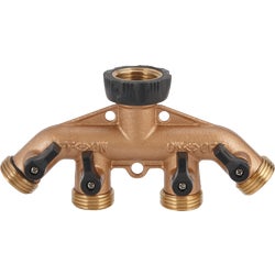 Item 729970, Brass 4-way shutoff for connecting 4 hoses to 1 faucet and hose to hose use