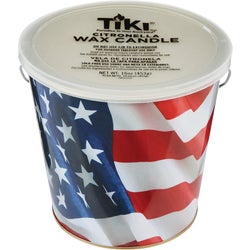 Item 740272, Citronella candle in a durable metal, flag design bucket.