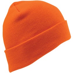 Item 767726, Blaze orange 100% polyester cuffed knit hat.