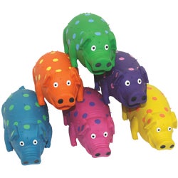 Item 769281, Polka dot pig dog toy. Polka dot covered latex pig with plush filling.