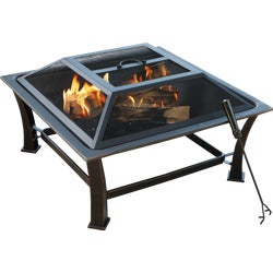 Item 800964, Square fire pit is made of steel and includes mesh cover, grate, and fire 
