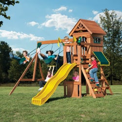 Item 801360, Ready-to-assemble swing set features: 10 accessories, 9 activities, wood 