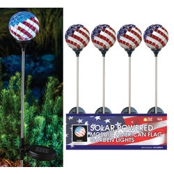 Item 801485, Red, white, and blue mosaic glass sphere on a metal stake with black 
