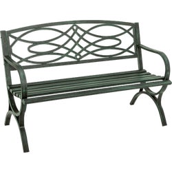 Item 801575, Antique green steel bench with decorative cast iron scroll back.