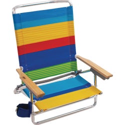 Item 801590, 5-position beach chair fully reclines flat for even sunning.