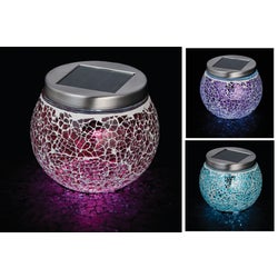 Item 802003, Decorative solar powered tabletop glass globe light. Features a 2.