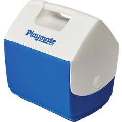 Item 807826, Personal size cooler with top button opening that is easy-to-operate, white