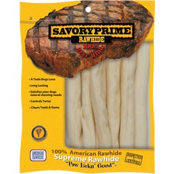 Item 809950, Rawhide chews made from 100% American prime beef hides.