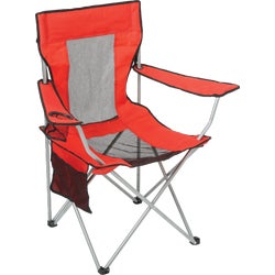 Item 819895, Red polyester and black mesh folding camp chair.