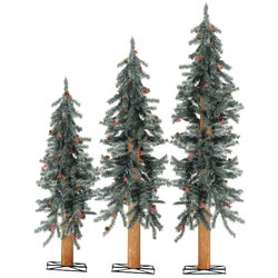 Item 900982, Set of 3 unlit frosted alpine trees with pine cones and red berries with 77