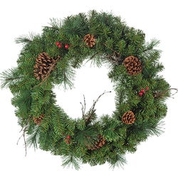 Item 954282, 30-inch mixed pine wreath. Features berries, cones, and twigs.