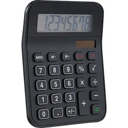 Item 970143, 8-digit basic black calculator. Features solar and battery power modes.