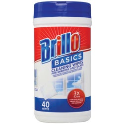 Item 970659, Brillo Basics glass and surface cleaner wipes. 5.9 In. x 7.9 In.
