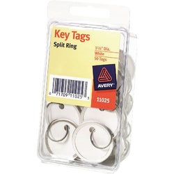 Item 973459, Split key ring card stock tag. Features a round metal rim key ring.